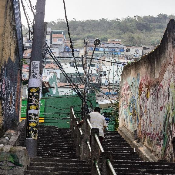 man walking up the stairs in Brazil