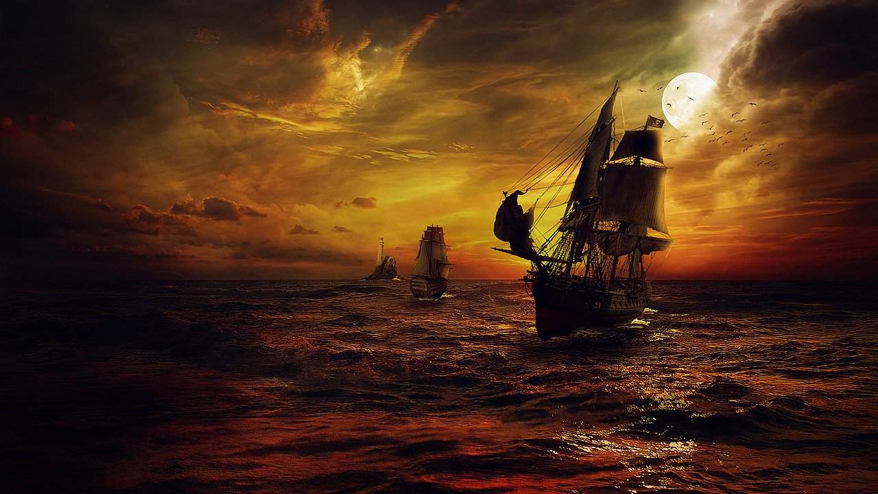 Pirate ship at night in a dramatic painting