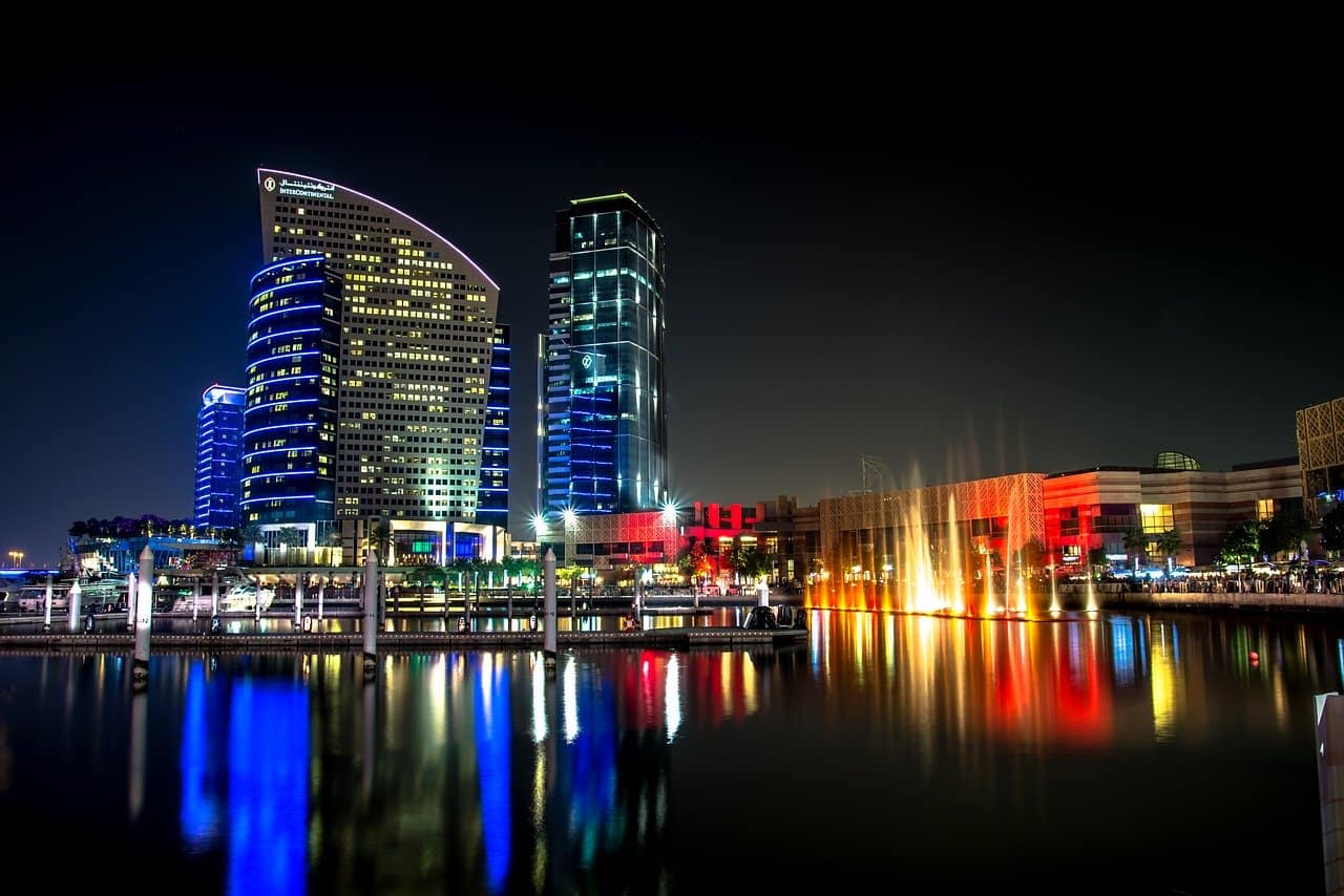 Buildings at night in Dubai