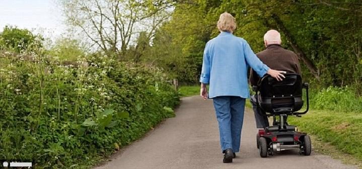 An elderly couple walking on the footpath