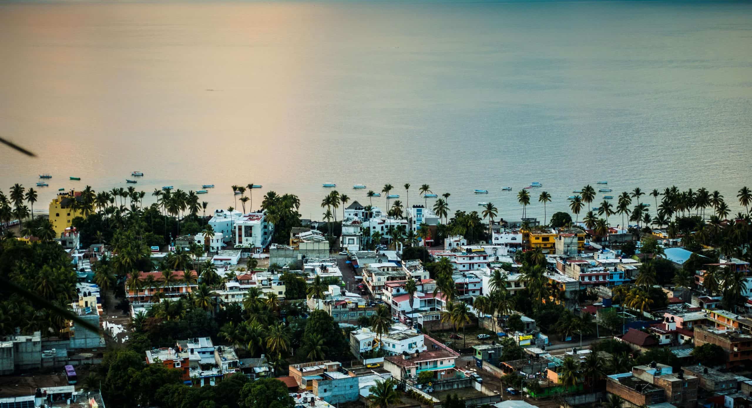 aerial view of colourful buildings under a soft lighting