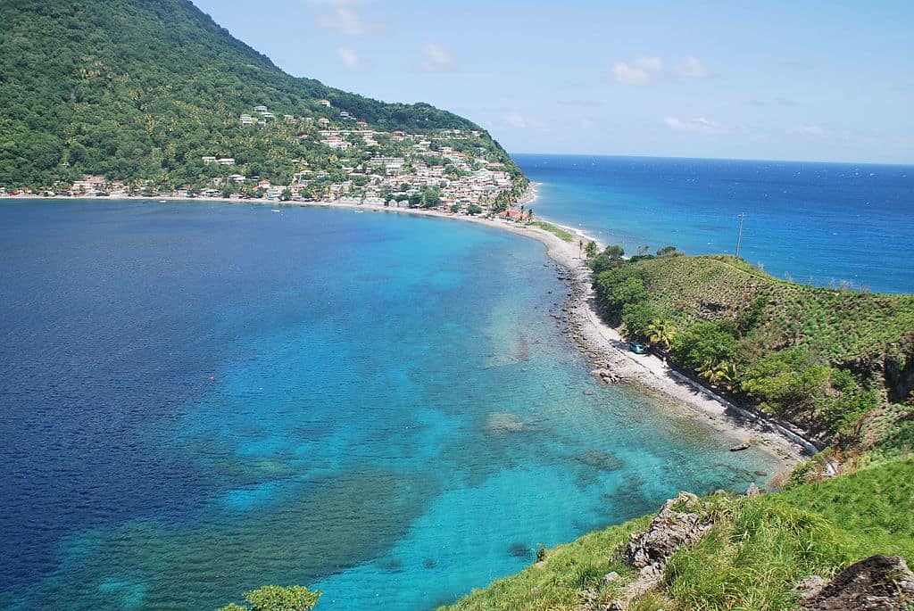 aerial view of dominica with the ocean surrounding it