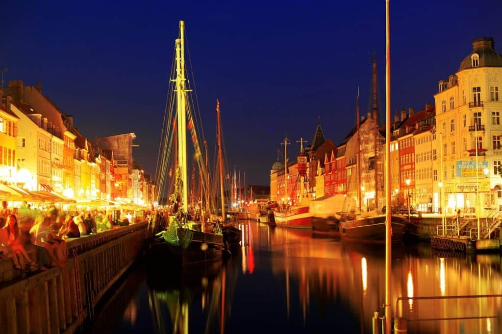 Night time with the boats in Copenhagen, Denmark