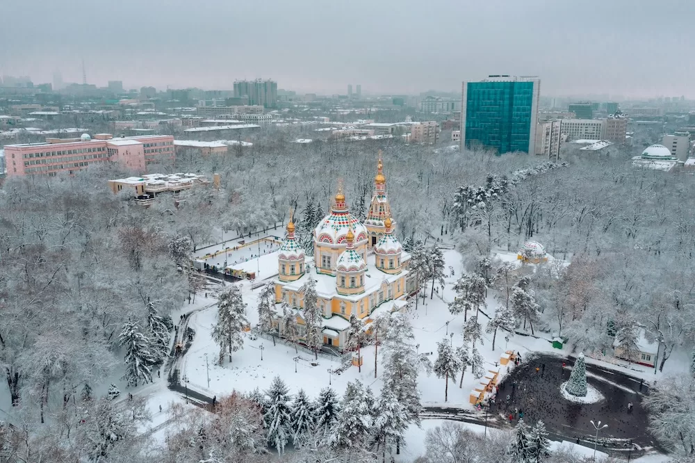 An aerial view of the Park of the 28 Panfilovite Guards, the site of the Ascension Cathedral, in Almaty, Kazakhstan.