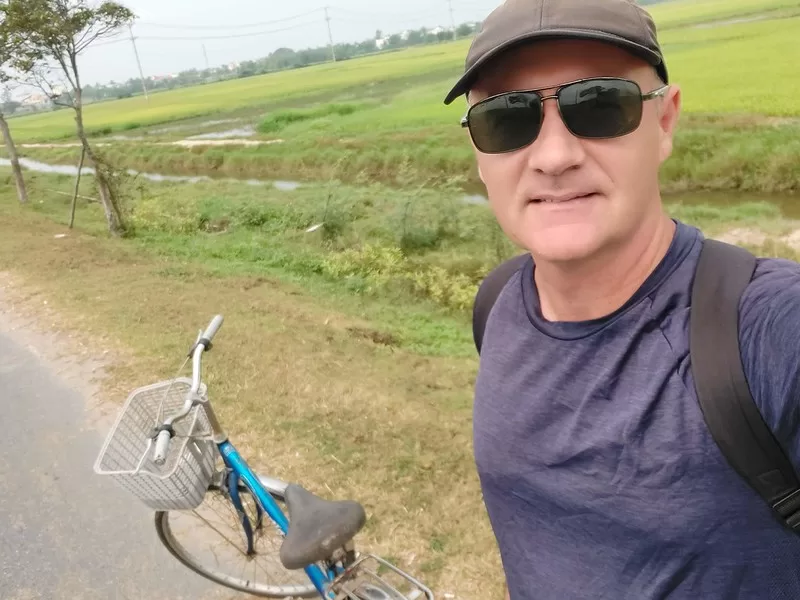 The author cycling from An Bang Beach to the old town.