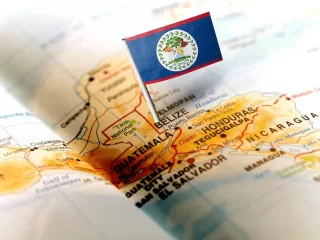The flag of Belize on the map.