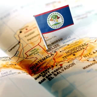 The flag of Belize on the map.