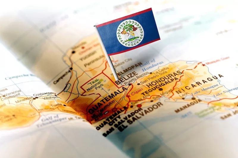 The flag of Belize on the map.
