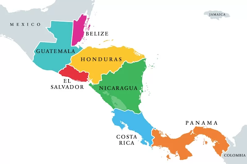 A map of Central American countries. 