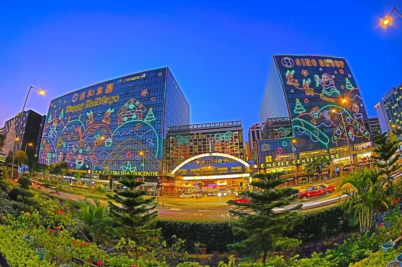 The East Tsim Sha Tsui neighborhood in Honk Kong, decorated for Christmas.