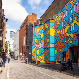 A large mural adorns the exterior of the London Graphic Centre.
