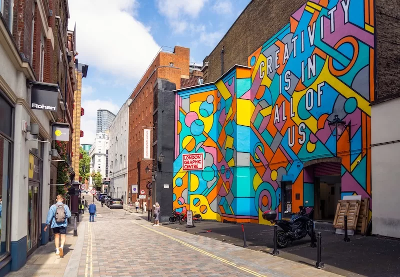 A large mural adorns the exterior of the London Graphic Centre.