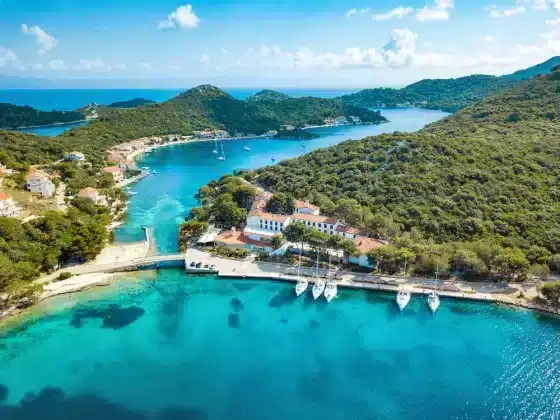 Croatias Tourism: Aerial view of Croatia’s stunning Adriatic coastline, where historic towns meet turquoise waters