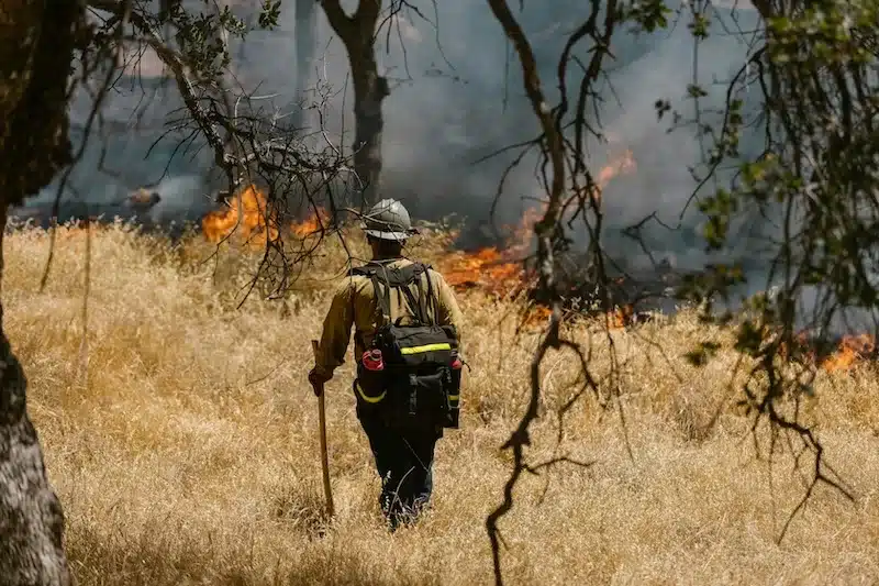 A firefighter makes their way through smoke-filled terrain as wildfires spread in the mountains north of Los Angeles.