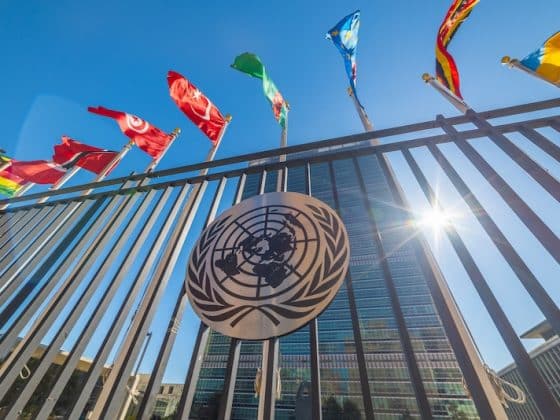 Onu building with flags under a blue sky in New York