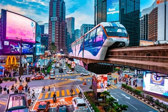 The Kuala Lumpur Monorail glides above Bukit Bintang’s lively streets; proof that Malaysia’s energy and infrastructure rival any world capital.
