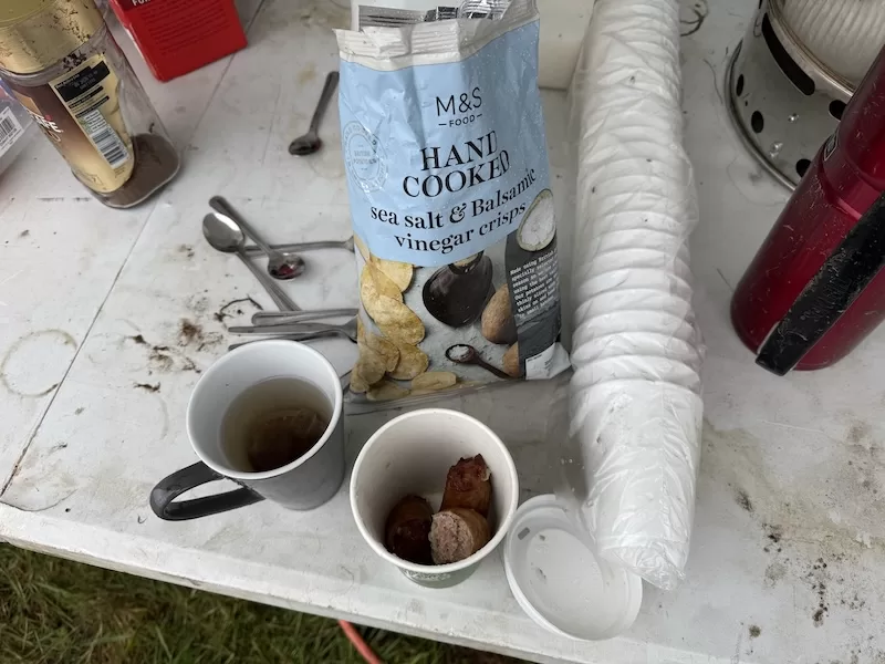 Tea, sausages, and crisps