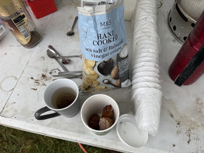 Tea, sausages, and crisps
