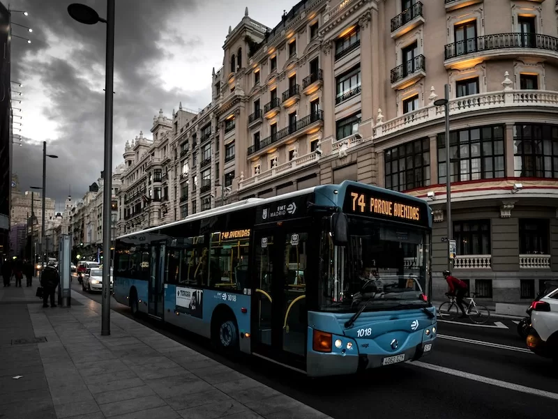 Evening commute along Madrid’s Gran Vía. Spain’s public transport system keeps city life moving smoothly and affordably.