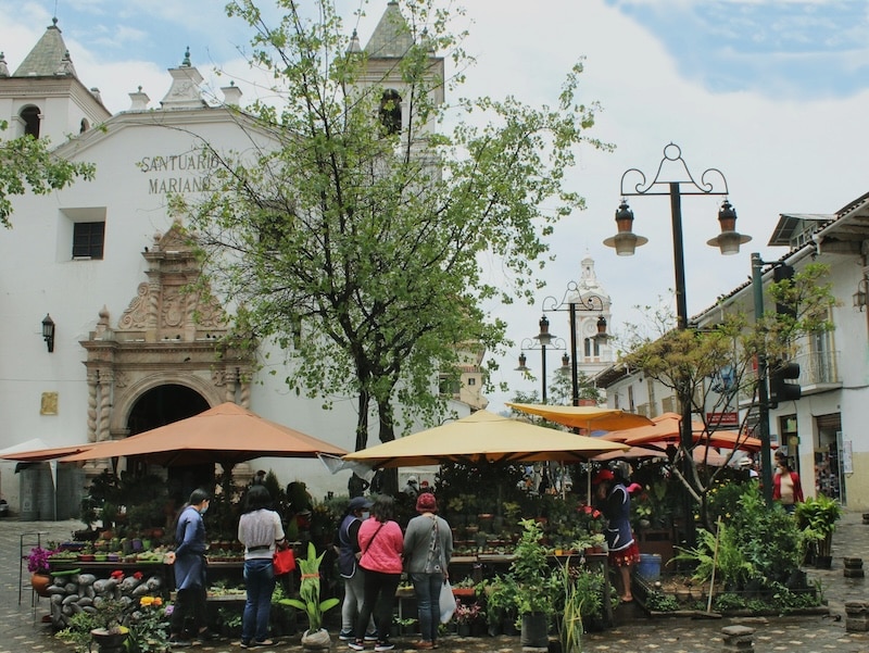 Morning at a local market outside a colonial church in Cuenca. Markets in Ecuador are social spaces where neighbors trade news, taste fruit, and keep old traditions alive with every exchange.