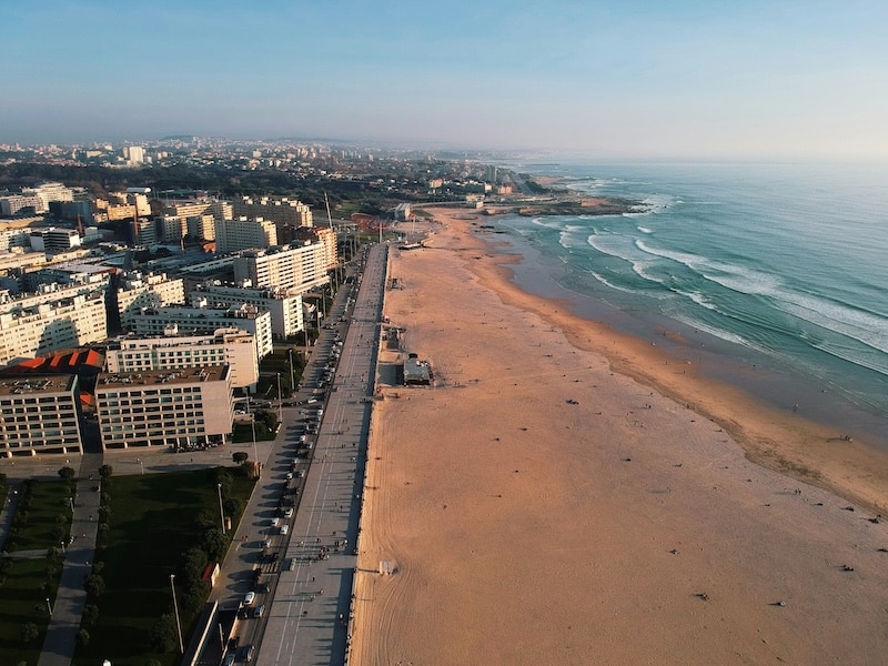 Aerial view of Matosinhos Beach, Porto’s seaside escape and home to some of the best fish in Portugal.