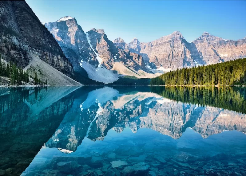 Mountain lake with snow-capped peaks and forest reflection in Canada showing natural stability and coherent governance environment for expat relocation