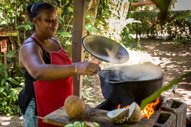 Costa Rican woman preparing traditional food over open fire, demonstrating cultural cooking methods and local culinary traditions in community