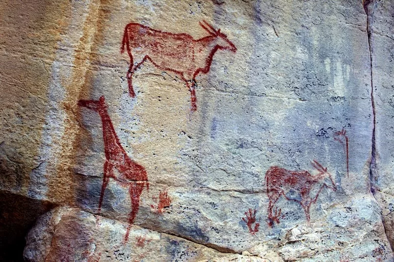 Ancient red rock art depicting animals at Tsodilo Hills Botswana showing indigenous San and Ncaekhoe paintings and UNESCO World Heritage Site cultural heritage