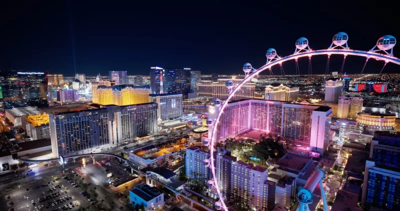 Aerial view of the Las Vegas Strip at night, the setting for the Plan B Summit, a global event on second residency, international investing, and asset protection.