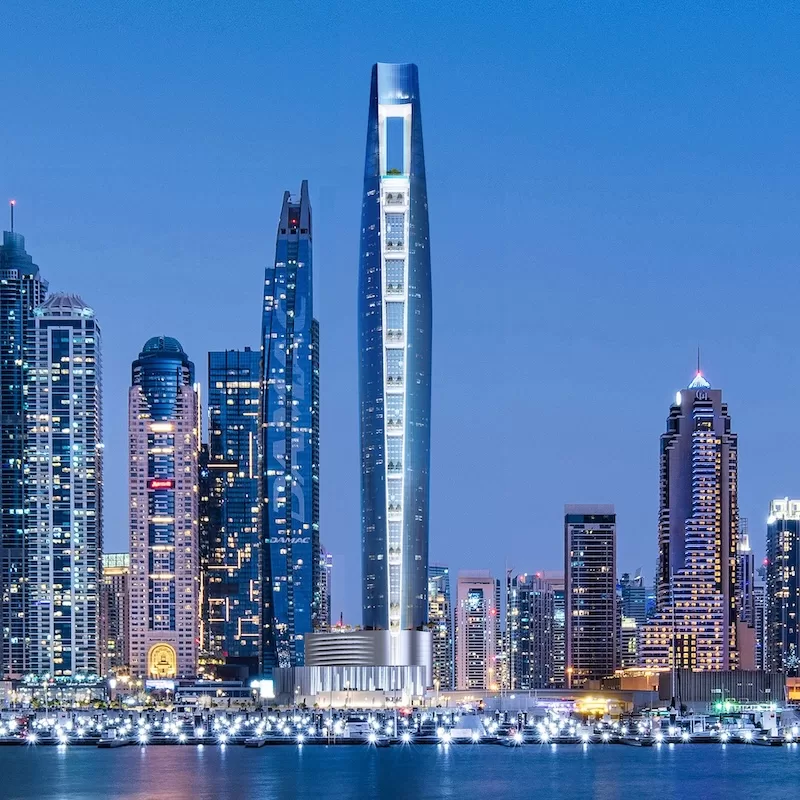 The Ciel Tower in Dubai Marina at night, the world’s new tallest hotel, representing the architectural new heights and accidental records in global news.