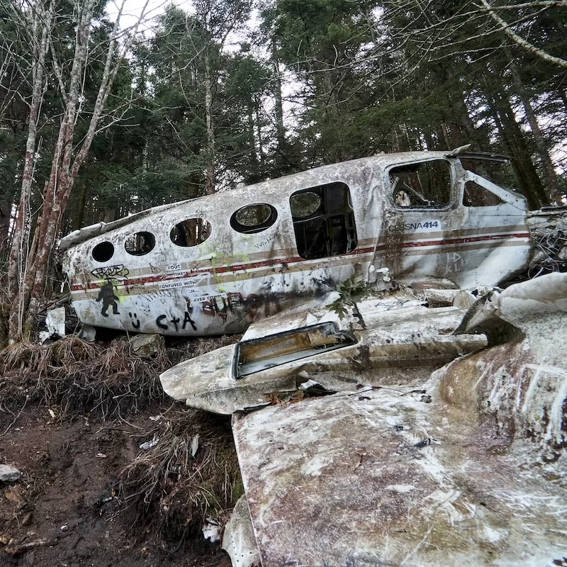 The wreckage of a crashed Cessna 414 surveillance plane in a dense forest, illustrating the recent tragic news of the missing aircraft in Indonesia.
