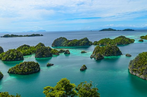 Lush green islands with turquoise water in Raja Ampat, Indonesia, a top destination for sustainable travel on a budget and eco-friendly tourism in Southeast Asia