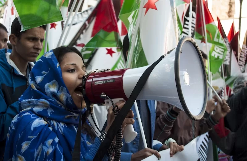 Woman speaking through megaphone at political protest holding Syrian flags demonstrating against government policies and civil unrest in Middle East