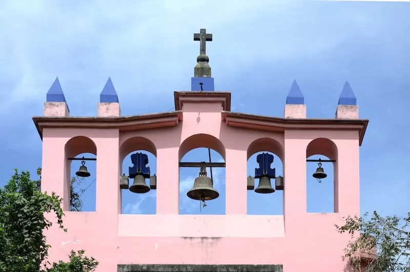 The pink bell tower of a historic church in Xalapa, a symbol of the deep cultural and artistic heritage that defines life in this unique Mexican city.