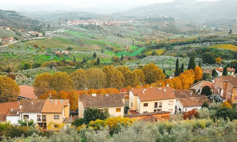 The rolling green hills of the Italian countryside dotted with vineyards and villas, a dream retirement location made possible by the financial advantages of being an expat.