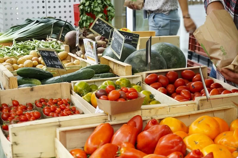 A vibrant display of fresh vegetables at a farmers market in France, a simple yet profound way to connect with the local food culture.