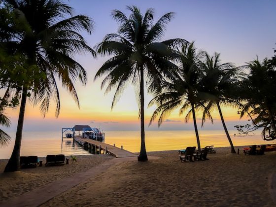 A long wooden pier extends into the calm Caribbean Sea at sunset in Belize, with silhouettes of palm trees and lounge chairs on the sandy beach shore.