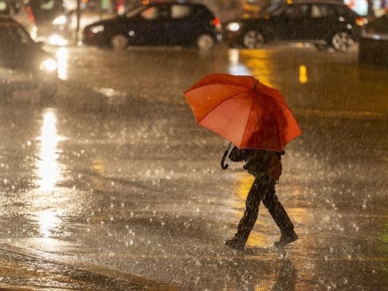 A lone person holding a bright red umbrella walks across a wet city street at night, with car headlights and reflections creating a moody, urban scene.