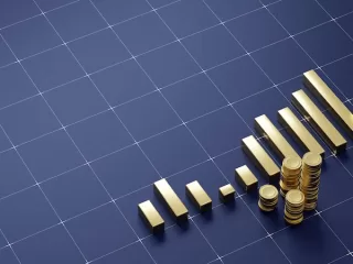 A three dimensional render of ascending gold coin stacks arranged like a rising bar chart on a dark blue digital grid, symbolizing financial growth and wealth.