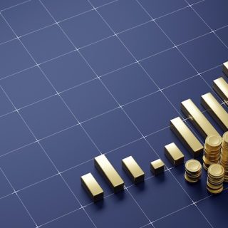 A three dimensional render of ascending gold coin stacks arranged like a rising bar chart on a dark blue digital grid, symbolizing financial growth and wealth.