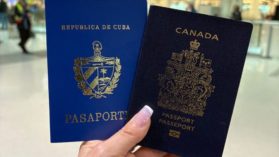 Two passports including a blue Cuban passport and a Canadian passport held together, representing international travel and dual citizenship documentation