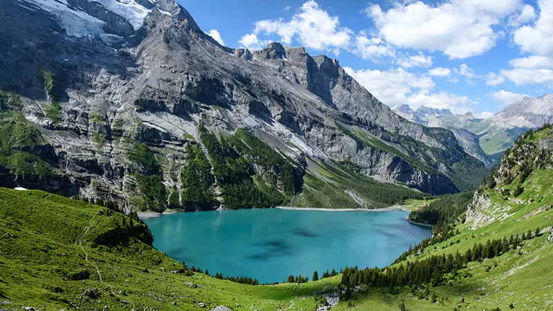 A scenic alpine lake with crystal clear turquoise water surrounded by dramatic snow-capped mountain peaks, green meadows, and evergreen forest landscape