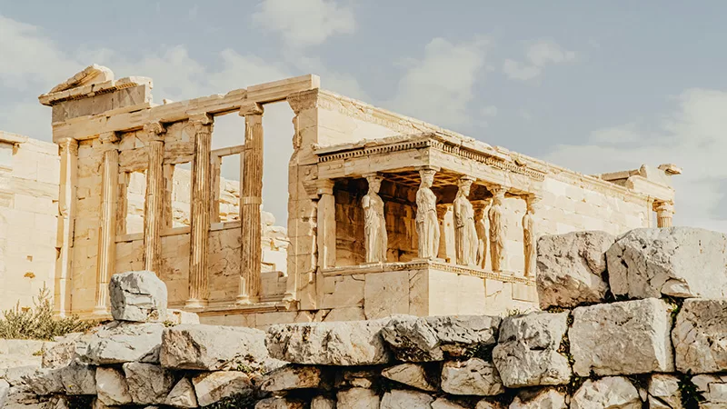 Ancient Erechtheion temple with Caryatid statues on the Acropolis in Athens, Greece.