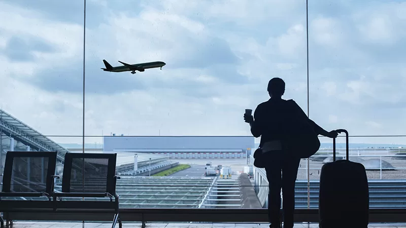 A silhouetted traveler standing at an airport window holding a passport, watching an airplane take off, with luggage and runway visible in the background