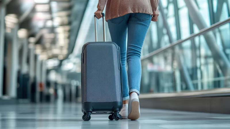 A traveler walking through a modern airport terminal with a blue rolling suitcase, wearing casual clothing in a contemporary travel and transportation setting