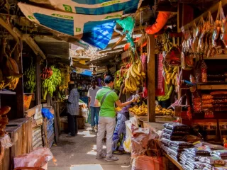 A narrow, weathered alleyway in Stone Town, Zanzibar, featuring historic white-and-yellow buildings and a traditional wooden door under a carved stone arch.