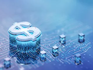 digital dollar symbol on blockchain network representing cryptocurrency and decentralized finance