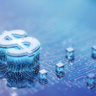 digital dollar symbol on blockchain network representing cryptocurrency and decentralized finance