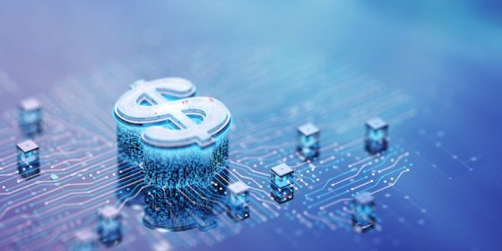 digital dollar symbol on blockchain network representing cryptocurrency and decentralized finance