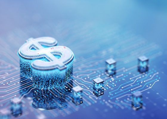 digital dollar symbol on blockchain network representing cryptocurrency and decentralized finance